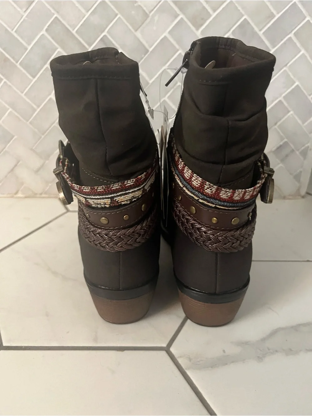 Roper Dark Brown Slouch Ankle Boots with Braided and Buckle Strap